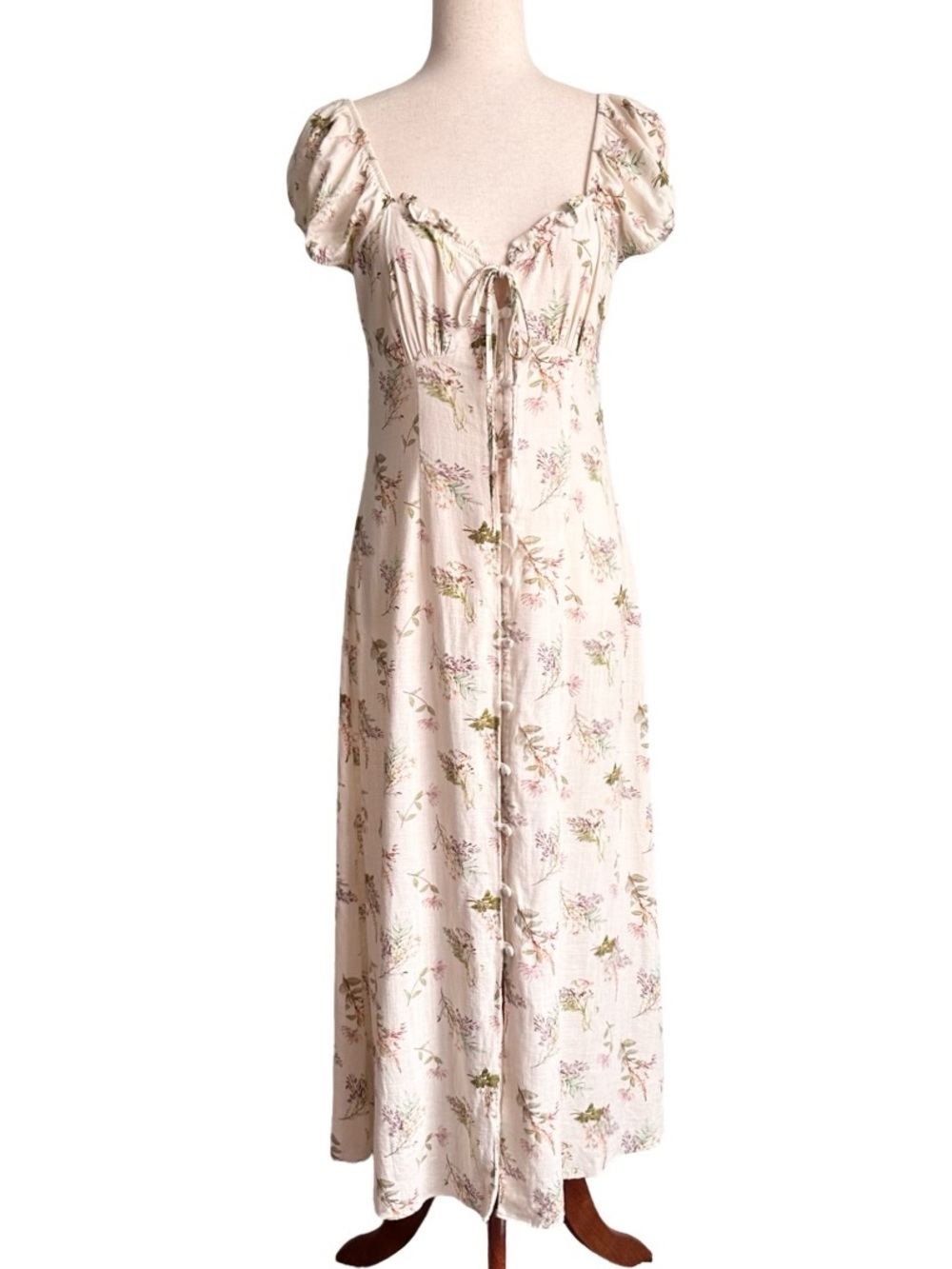 Primark Women Cream Floral Linen Blend Midi Dress Sz 6 Romantic Coastal Cottage